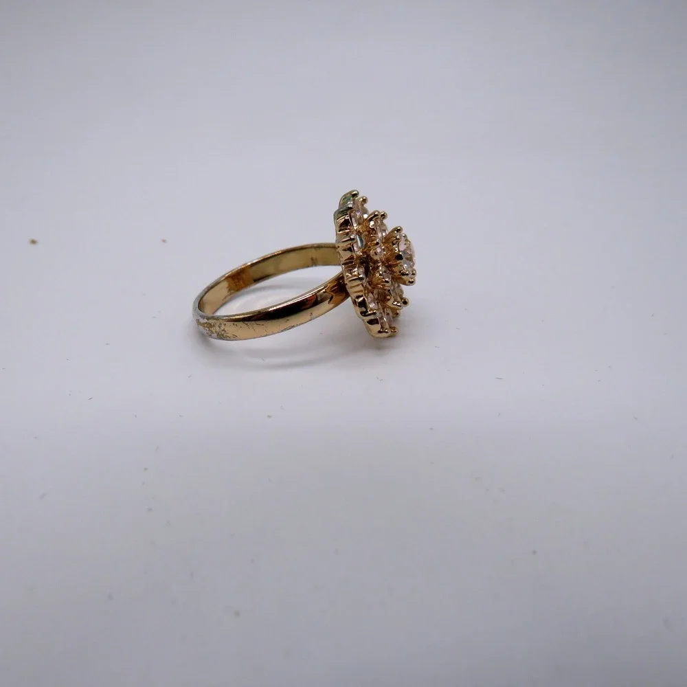 Vintage Gold Tone Smoky Champagne Rhinestone Sunburst Floral Cocktail Ring 7.5